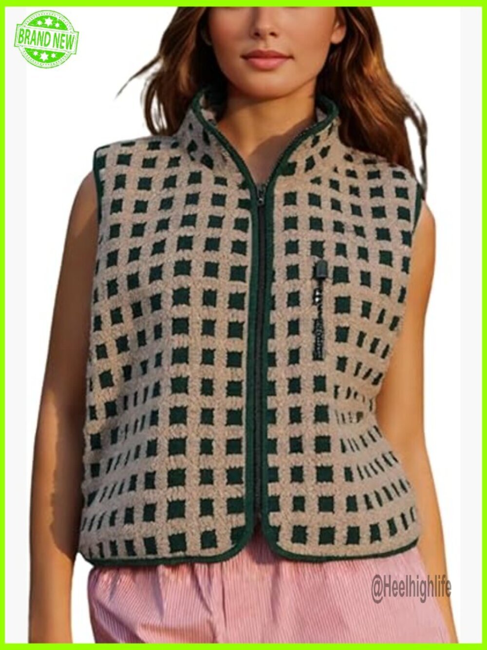 Women's Sherpa Fleece Vest Sleeveless Zip Up Plaid Collared with Pocket